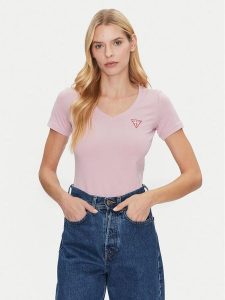 Guess T-Shirt W2YI45 J1314 Różowy Slim Fit. Czerwone t-shirty Guess, s, z aplikacjami, z bawełny, bez kołnierzyka, bez ramiączek. Za 99,99 zł.