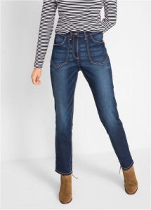 Dżinsy ze stretchem straight, high waist. Niebieskie spodnie z wysokim stanem bonprix, bez wzorów, z jeansu, z podwyższonym stanem. Za 119,99 zł.