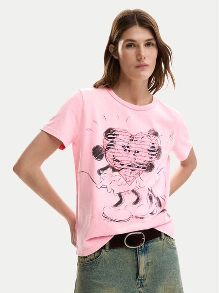 Desigual T-Shirt Core Mickey 26SWTK42 Różowy Regular Fit. Czerwone t-shirty Desigual, s, bez wzorów, z bawełny, bez kołnierzyka, bez ramiączek. Za 214,99 zł.