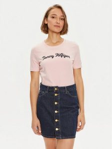 Tommy Hilfiger T-Shirt Script WW0WW42589 Różowy Regular Fit. Czerwone t-shirty TOMMY HILFIGER, s, bez wzorów, z bawełny, bez kołnierzyka, bez ramiączek. Za 119,99 zł.