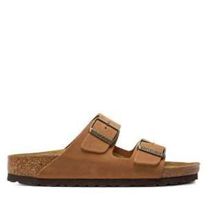 Klapki Birkenstock. Brązowe klapki Birkenstock, bez wzorów, bez obcasa. Za 379,99 zł.