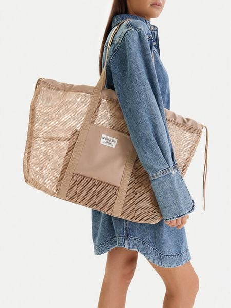 Guess Jeans Torebka WBEO-GUESS-M-003-09 Brązowy. Brązowe shopper bag Guess Jeans, z aplikacjami, z jeansu, bez dodatków. Za 159,99 zł.