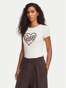 Guess T-Shirt V6YI09 K4276 Kremowy Slim Fit. Białe t-shirty Guess, xl, z aplikacjami, z bawełny, bez kołnierzyka, bez ramiączek. Za 154,99 zł.