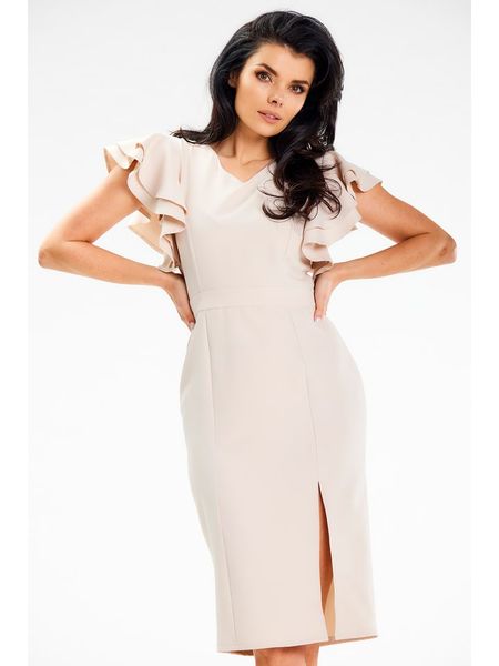 Awama Sukienka w kolorze beżowym rozmiar: L. Brązowe sukienki Awama, l, bez wzorów, bez kołnierzyka, bez ramiączek, midi. Za 118,01 zł.