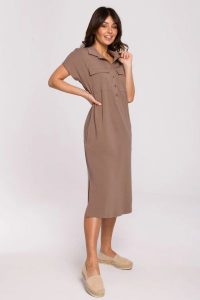 Sukienka koszulowa szmizjerka z kołnierzykiem bawełna brąz. Sukienki Bewear, do pracy, s, bez wzorów, z bawełny, biznesowe, bez kołnierzyka, bez ramiączek, koszulowe. Za 319,00 zł.