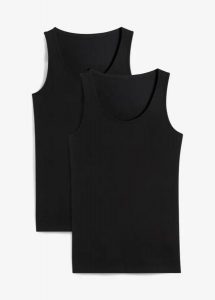 Top z bawełną (2 szt.). Niebieskie topy bonprix, bez wzorów, z bawełny, casualowe, bez kołnierzyka, bez ramiączek. Za 47,99 zł.