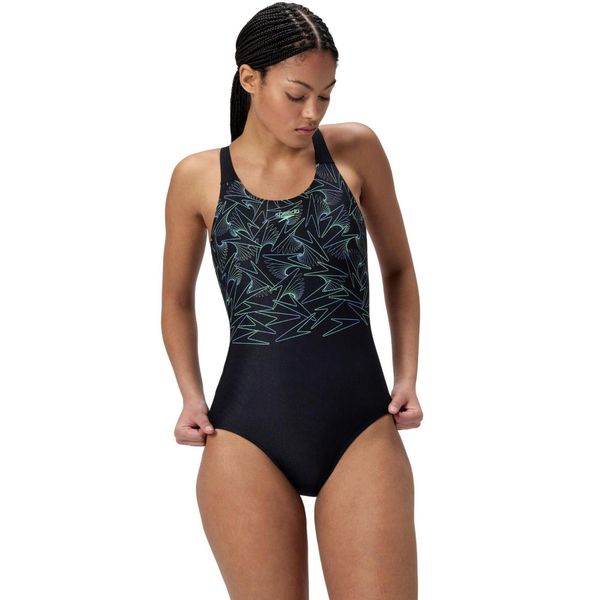 Damski kostium kąpielowy 1-częściowy Speedo Eco+ Hyperboom Placem Muscleb. Czarne stroje jednoczęściowe Speedo, bez wzorów. Za 269,50 zł.