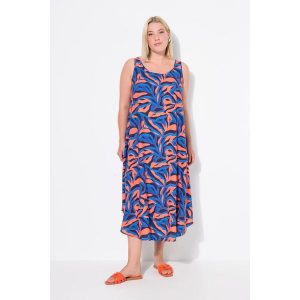 Damskie Sukienka wzór w koralowce okrągły dekolt bez rękawów. Niebieskie sukienki Ulla Popken, plus size, bez wzorów, z materiału, sportowe, bez kołnierzyka, plus size, bez ramiączek, sportowe. Za 279,99 zł.