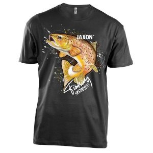 Koszulka wędkarska Jaxon Nature Pstrąg. Czarne bluzki JAXON, s, bez wzorów, sportowe, bez kołnierzyka, bez ramiączek. Za 69,99 zł.