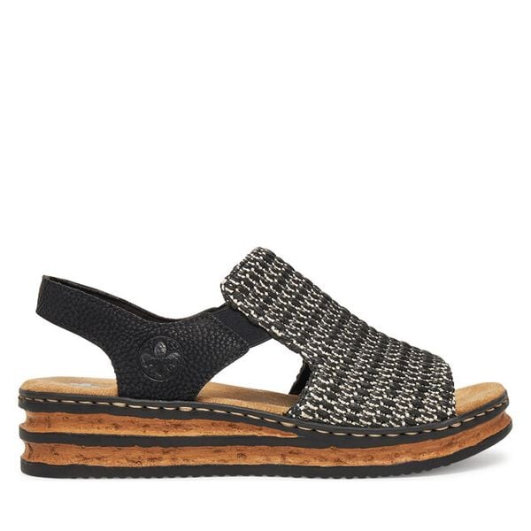 Sandały Rieker. Czarne sandały Rieker, bez wzorów, bez obcasa, na koturnie, bez zapięcia. Za 239,99 zł.