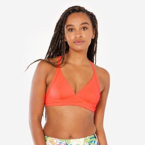 Góra kostiumu surfingowego teksturowana damska Olaian Bea. Brązowe bikini OLAIAN, bez wzorów, z materiału. Za 99,99 zł.