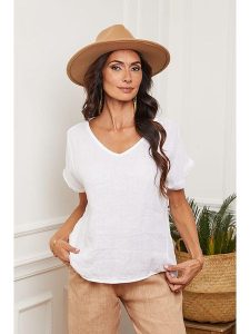 Fleur de Lin Lniana koszulka "Fabioza" w kolorze białym rozmiar: XL. Białe bluzki Fleur de Lin, xl, bez wzorów, ze lnu, bez kołnierzyka, bez ramiączek. Za 105,63 zł.
