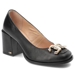 Czarne Półbuty Chebello Eleganckie Obuwie Damskie. Czarne półbuty CheBello, bez wzorów, ze skóry, bez obcasa, bez zapięcia. Za 449,00 zł.