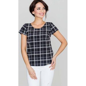 Czarna Bluzka w Kratę z Krótkim Rękawem. Czarne bluzki Katrus, l, bez wzorów, bez kołnierzyka, bez ramiączek. Za 159,00 zł.