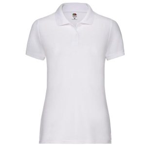 Koszulka Polo Damska 65/35 Pique. Białe koszulki sportowe FRUIT OF THE LOOM, bez wzorów, bez ramiączek. Za 78,99 zł.