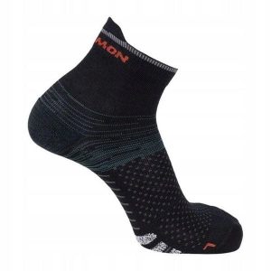 Skarpety do biegania Salomon Predict ankle odblaskowe paski wełna merino. Czarne skarpetki Salomon, bez wzorów, z elastanu. Za 54,00 zł.