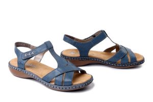 RIEKER 65919-12 blue, sandały damskie. Niebieskie sandały Rieker, bez wzorów, bez obcasa, bez zapięcia. Za 319,90 zł.