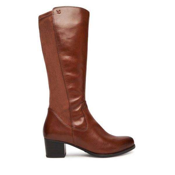 Kozaki Caprice. Brązowe kozaki Caprice, bez wzorów, bez obcasa, na słupku, bez zapięcia. Za 699,99 zł.