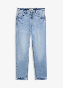 Dżinsy mom, high waist, low stretch, cropped. Niebieskie jeansy bonprix, bez wzorów, z bawełny, z podwyższonym stanem. Za 127,99 zł.