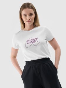 4F T-shirt slim z nadrukiem damski - biały S. Białe t-shirty 4f, s, bez wzorów, z bawełny, bez kołnierzyka, bez ramiączek. W wyprzedaży za 29,99 zł.