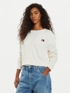 Tommy Jeans Kardigan Essential Badge DW0DW19913 Biały Relaxed Fit. Białe kardigany Tommy Jeans, z bawełny. Za 299,99 zł.