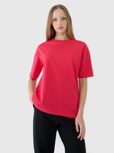 4F T-shirt oversize gładki damski - różowy M. Czerwone t-shirty 4f, m, bez wzorów, z bawełny, bez kołnierzyka, bez ramiączek. W wyprzedaży za 39,99 zł.