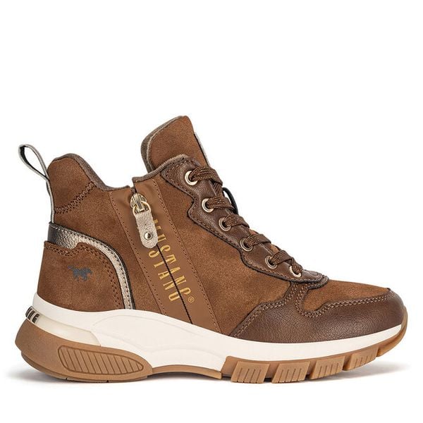 Trzewiki Mustang. Brązowe botki Mustang, bez wzorów, bez obcasa, na płaskiej podeszwie, bez zapięcia. Za 349,99 zł.