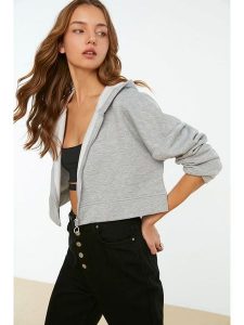 Trendyol Bluza w kolorze szarym rozmiar: XS. Szare bluzy Trendyol, xs, bez wzorów, z bawełny, bez kaptura. Za 52,30 zł.