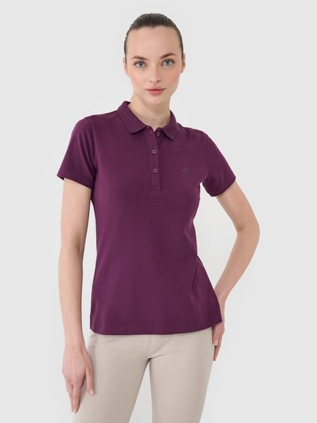4F Koszulka polo slim damska - fioletowa XXL. Fioletowe bluzki 4f, xs, bez wzorów, z bawełny, klasyczne, bez kołnierzyka, bez ramiączek. W wyprzedaży za 39,99 zł.