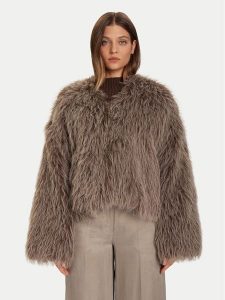 Eleh Futro Grigio Fango EFW250306 Brązowy Regular Fit. Brązowe płaszcze Eleh, bez wzorów, z futra, bez kaptura. Za 599,99 zł.