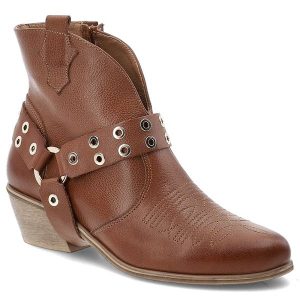 Brązowe Kowbojki Armodo Eleganckie Obuwie Damskie. Brązowe botki Armodo, z jeansu, bez obcasa, na obcasie, bez zapięcia. Za 489,00 zł.