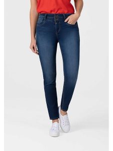 Timezone Dżinsy "Enya" - Slim fit - w kolorze granatowym rozmiar: W30/L32. Niebieskie jeansy Timezone, z aplikacjami, z podwyższonym stanem. Za 153,71 zł.