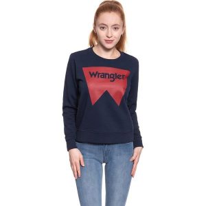 BLUZA WRANGLER DAMSKA LOGO CREW NAVY W6087HY35 112130466. Niebieskie bluzy Wrangler, l, z aplikacjami, z bawełny, bez kaptura. W wyprzedaży za 69,99 zł.