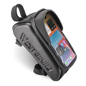 Torba na telefon na górną rurę roweru skórzana + EVA + poliester 0,8L. Czarne torby podróżne i sportowe WEST BIKING, bez wzorów, z materiału. Za 95,96 zł.