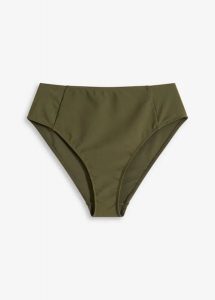 Figi bikini z wysoką talią i wysokim wycięciem nogawek. Zielone figi bonprix, bez wzorów. Za 32,99 zł.