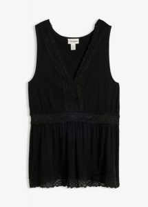 Top z koronką. Czarne topy bonprix, bez wzorów, z koronki, eleganckie, bez kołnierzyka, bez ramiączek. Za 37,99 zł.