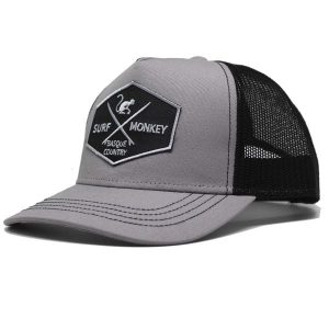 Czapka Trucker - 5 Paneli / Dorośli / Jeden rozmiar (Jasnoszary/Czarny). Czarne czapki SURF MONKEY, z aplikacjami, z bawełny, eleganckie. Za 135,96 zł.