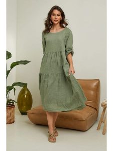 Fleur de Lin Lniana sukienka "Lantana" w kolorze khaki rozmiar: L. Brązowe sukienki Fleur de Lin, l, bez wzorów, ze lnu, bez kołnierzyka, bez ramiączek, maxi. Za 267,92 zł.