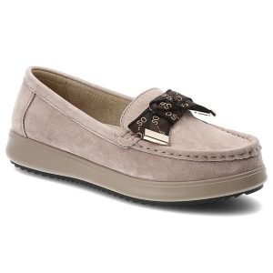 Mokasyny damskie Filippo, o klasycznym kroju z cholewką ze skóry naturalnej osadzone na lekkiej elastycznej podeszwie z dekoracyjną kokardą, beżowe,. Brązowe półbuty Filippo, bez wzorów, ze skóry, bez obcasa, bez zapięcia. Za 189,00 zł.