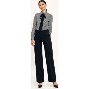 Czarne Spodnie Typu Wide Leg. Czarne spodnie z wysokim stanem Nife, bez wzorów, z elastanu, z podwyższonym stanem. Za 207,90 zł.