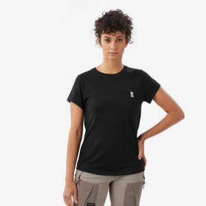 Koszulka trekkingowa damska z krótkim rękawem Merino. Zielone bluzki FORCLAZ, m, bez wzorów, z materiału, sportowe, bez kołnierzyka, bez ramiączek. Za 179,99 zł.