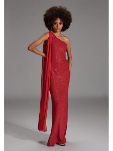 SWING Sukienka w kolorze czerwonym rozmiar: 44. Czerwone sukienki Swing, z aplikacjami, bez kołnierzyka, bez ramiączek, maxi. Za 271,03 zł.