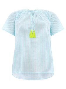 Zwillingsherz Bluzka w kolorze błękitno-zielono-białym rozmiar: S/M. Białe bluzki Zwillingsherz, m, bez wzorów, z bawełny, bez kołnierzyka, bez ramiączek. Za 83,22 zł.