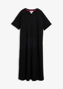 Szeroka sukienka T-shirtowa z grubszego materiału typu interlock z bawełny organicznej, z kieszeniami. Czarne sukienki bonprix, bez wzorów, z bawełny, klasyczne, bez kołnierzyka, bez ramiączek. Za 82,99 zł.