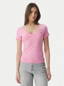 Tommy Jeans T-Shirt DW0DW20458 Różowy jasny Slim Fit. Czerwone t-shirty Tommy Jeans, m, bez wzorów, z bawełny, bez kołnierzyka, bez ramiączek. Za 129,99 zł.