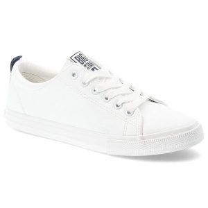 Trampki unisex Big Star, na płaskiej podeszwie niskie z okrągłym noskiem i sznurowane, biało-niebieskie, SS274604. Białe trampki Big Star, bez wzorów, z gumy, bez zapięcia. Za 127,99 zł.