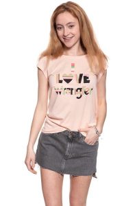 WRANGLER T SHIRT DAMSKI I LOVE TEE PEACH PARFAIT W700LF6UD 112130873. Pomarańczowe t-shirty Wrangler, s, bez wzorów, bez kołnierzyka, bez ramiączek. W wyprzedaży za 39,99 zł.