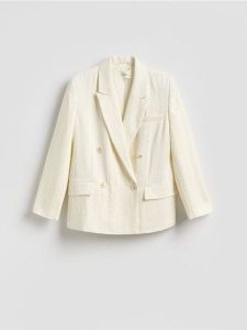 Dwurzędowa marynarka z wiskozą - biały. Białe marynarki i żakiety Reserved, l, bez wzorów, z tkaniny. Za 299,99 zł.