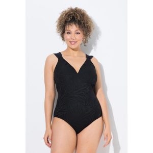 Damski Strój kąpielowy wiązanie tygrysia struktura miękkie miseczki. Czarne stroje jednoczęściowe Ulla Popken, bez wzorów, z elastanu. W wyprzedaży za 223,99 zł.