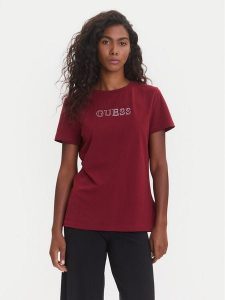 Guess T-Shirt V3BI11 J1314 Bordowy Regular Fit. Czerwone t-shirty Guess, m, z aplikacjami, z bawełny, bez kołnierzyka, bez ramiączek. Za 109,99 zł.